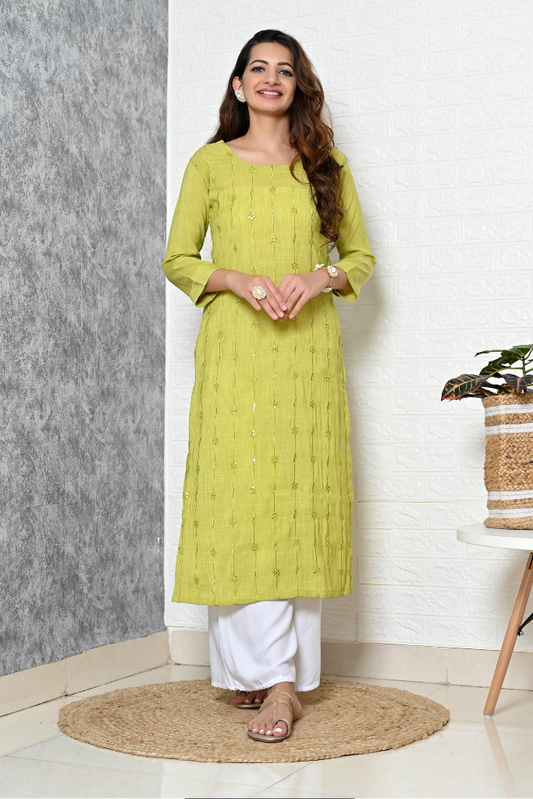 Floral Embroidered Parrot Green Kurta