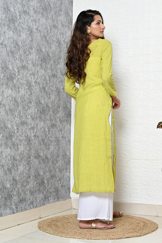 Floral Embroidered Parrot Green Kurta
