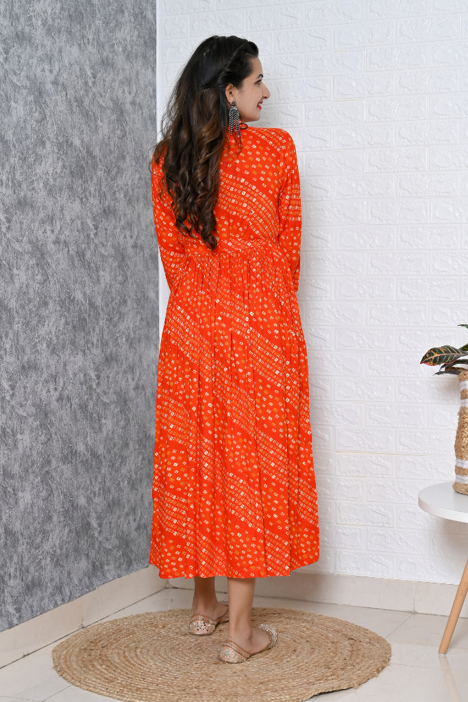 Orange Bandhani Gathered Waist Dress