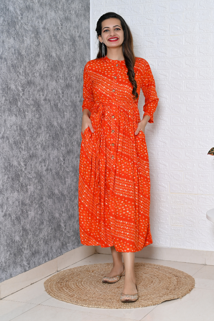 Orange Bandhani Gathered Waist Dress