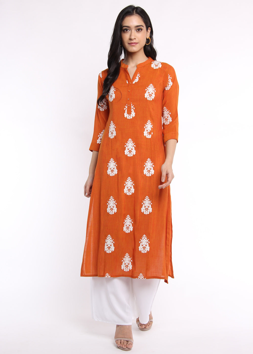 Orange Kurta with White Thread Embroidered Motifs