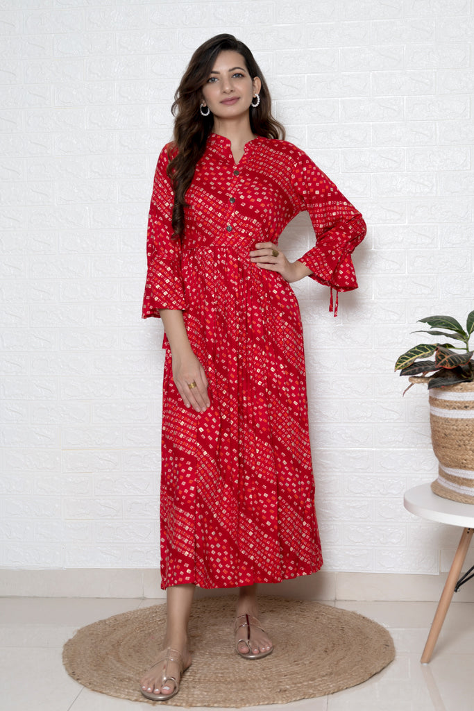 Bandhani Maxi Dress with Tie Up Sleeves