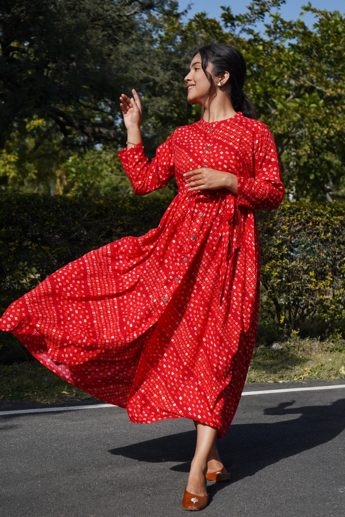 Red Bandhani Gathered Waist Dress