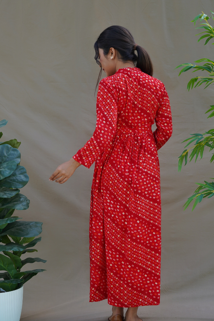 Red Bandhani Gathered Waist Dress