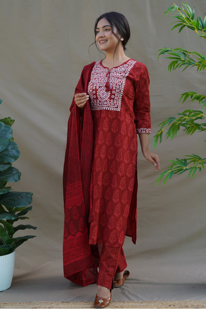 Embroidered Neck Block Printed Red Suit Set