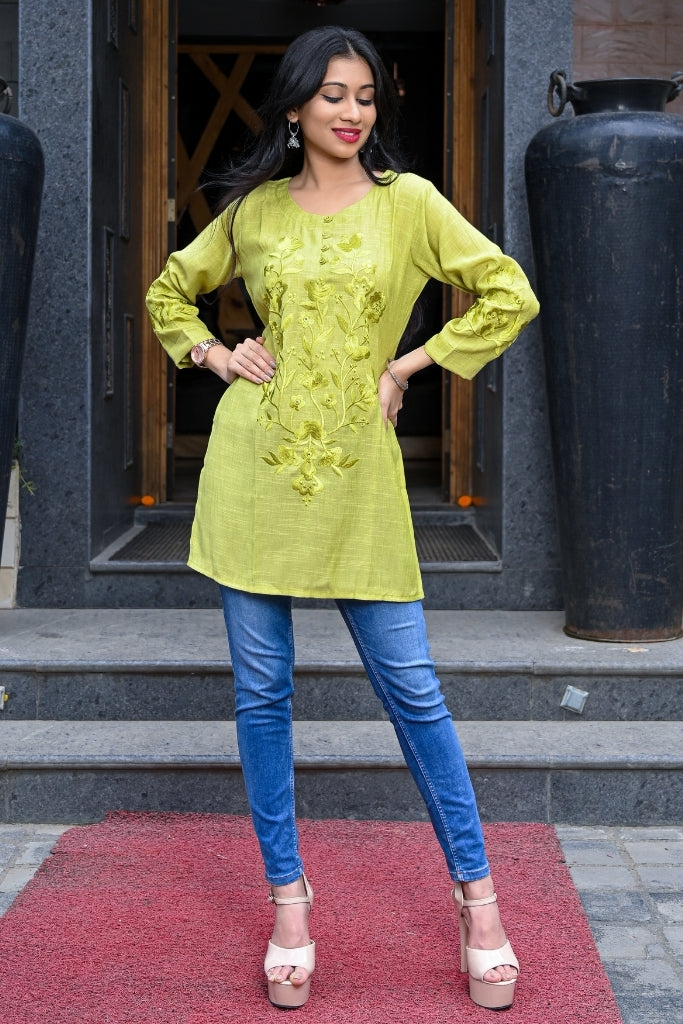 Parrot Green Self Embroidered Round Neck Top