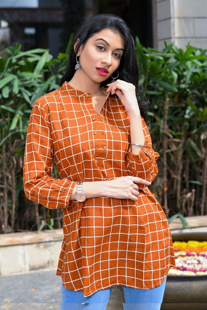 Rust Checked Double Buttoned Top