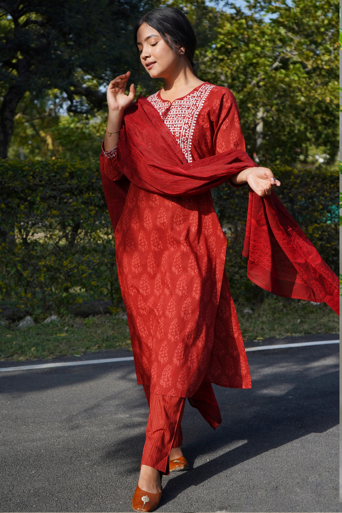 Embroidered Neck Block Printed Red Suit Set