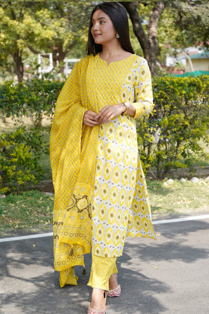 Block Printed Yellow Suit with Contrast Yoke