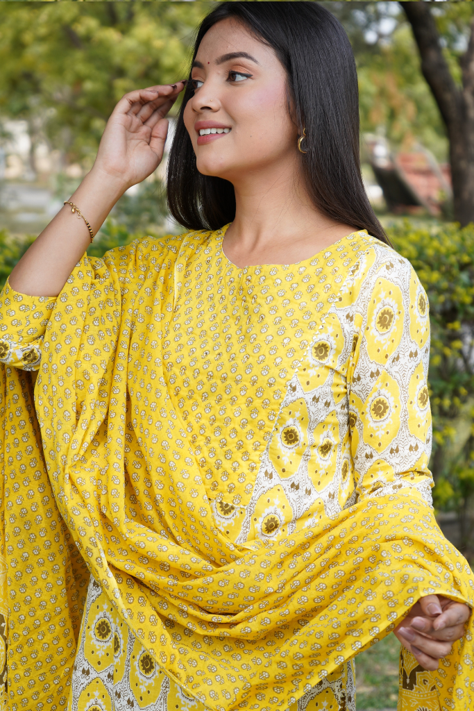 Block Printed Yellow Suit with Contrast Yoke