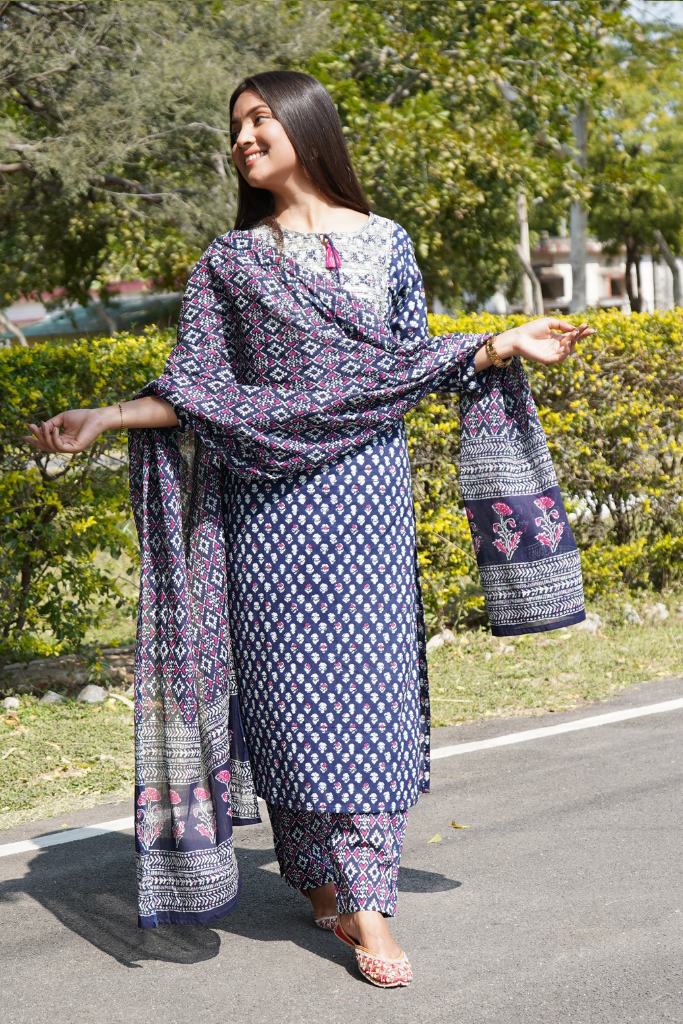 Thread & Sequin Embroidered Block Printed Blue Suit Set
