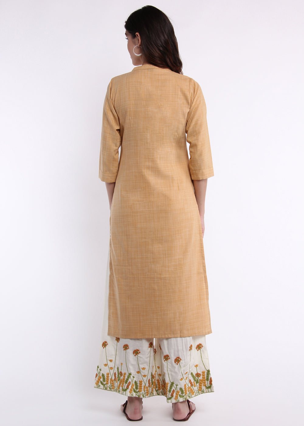 Sand Kurta with Floral Embroidered Palazzo