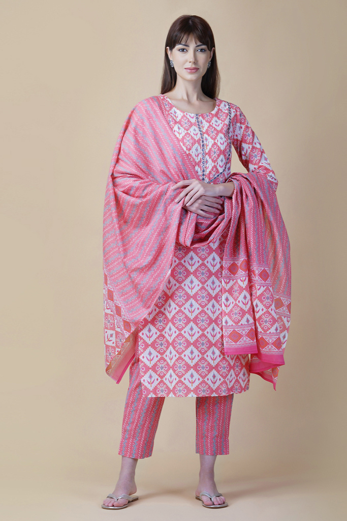 Pink Block Printed Suit Set with Pintucked Yoke