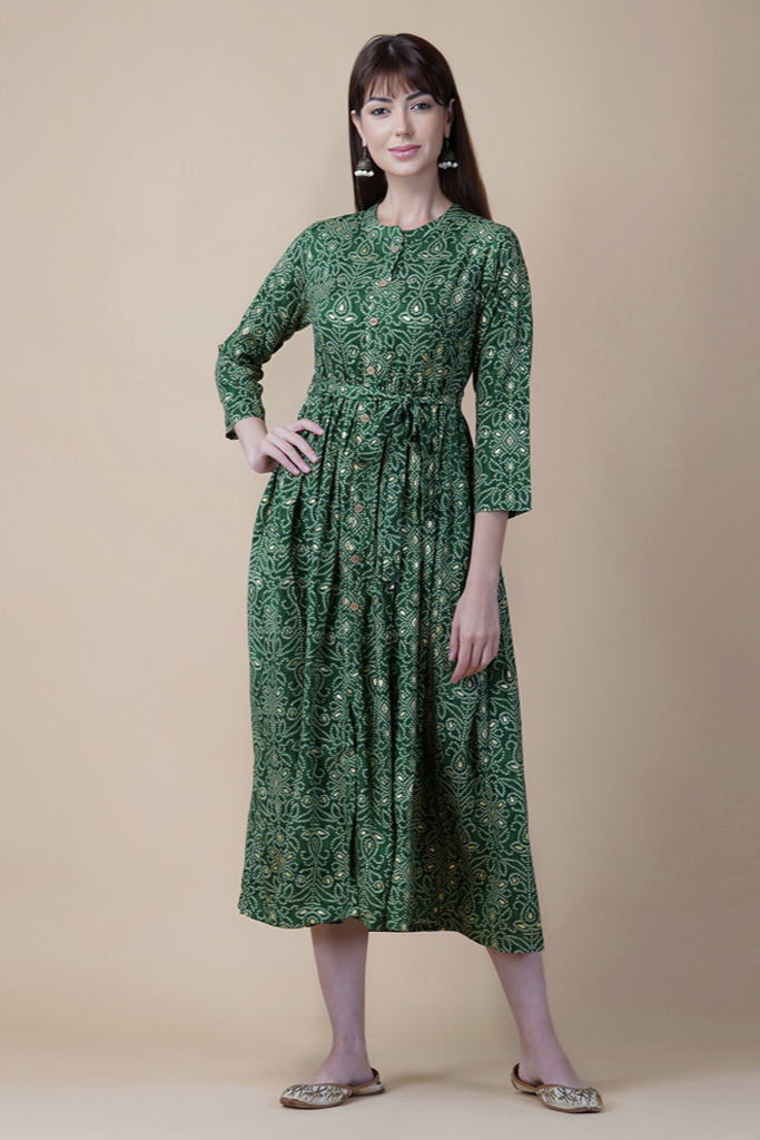 Bandhej Green Gathered Dress