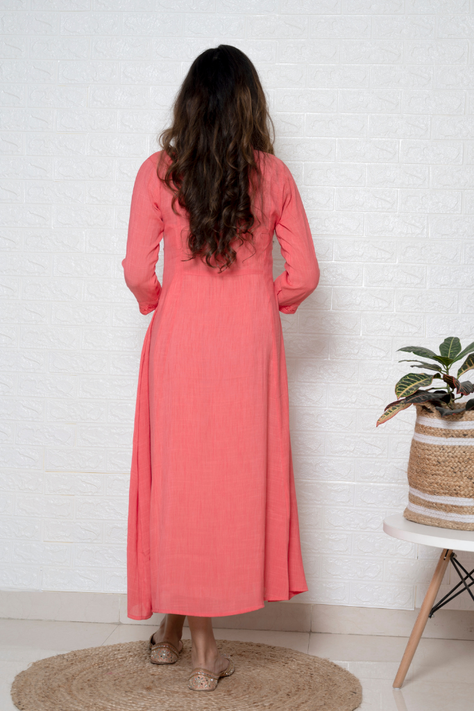 Coral Thread Embroidered Gathered Yoke Dress