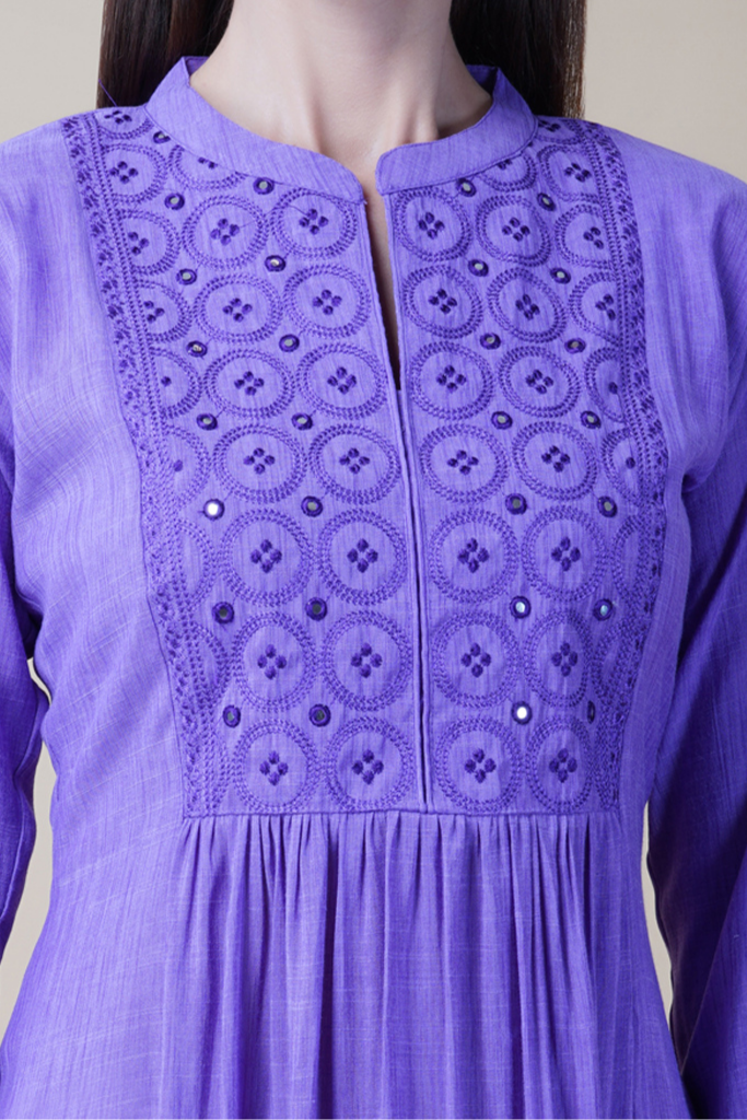 Lavender Thread Embroidered Gathered Yoke Dress